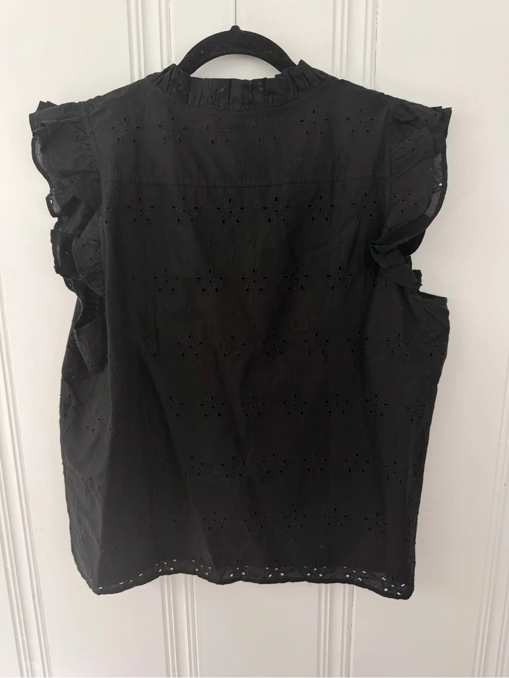 J. Crew Black Eyelet Ruffle V-Neck Cap-Sleeve Blouse
